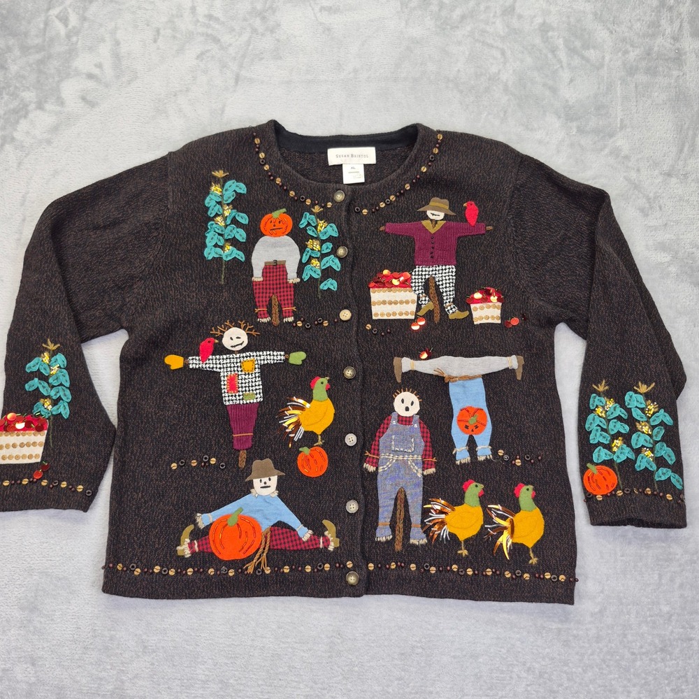 Vintage Fall Scarecrow Pumpkin Harvest Cardigan Sweater Bristol XL Embroidered